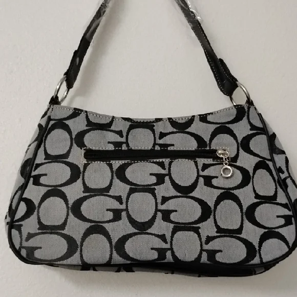 Guess Black and Gray Signature Canvas Shoulder Bag with Studded Flap - Picture 4 of 10